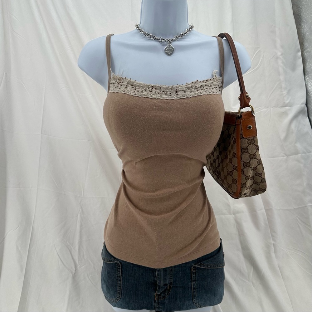 Boho Beachy Style & Co Y2K Lace Beaded Trim Cami in Taupe